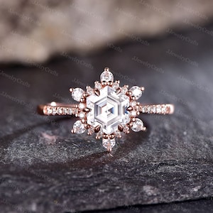 Hexagon Moissanite Engagement Ring Snowflake Moissanite Bridal Ring Half Eterniy Art Deco Halo Moissanite Ring Rose Gold Cluster Bridal Ring