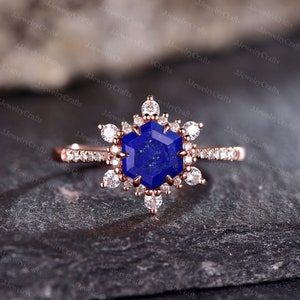 Vintage Hexagon Lapis Lazuli Ring For Women Art Deco Halo Snowflake Wedding Band Moissanite Cluster Anniversary Ring Stack Women Ring Gift