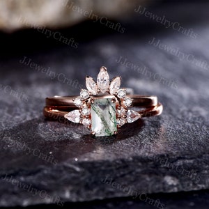 Antiker Smaragd Moosachat Ring Set Silber Rose Gold Moosachat Verlobungsring Alternative Moissanite Cluster Moissanite Ring Chevron Ring