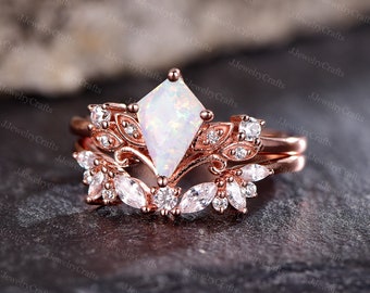 Vintage Kite Shaped Opal Engagement Ring Set October Birthstone Ring For Women Chevron Moissanite Cluster Ring Art Deco Curved Wedding Ring