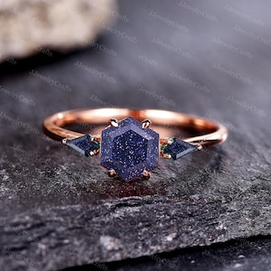 Retro Hexagon Galaxy Blue Sandstone Ring,Silver Rose Gold,Blue Goldstone Engagement Ring,Kite Cut Blue Sandstone Anniversary Ring For Women