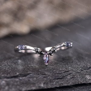 Marquise Alexandrite Wedding Band Baguette Color-Change Alexandrite Vintage Black Spinel Stone Women Curved Stacking Band June Birthstone