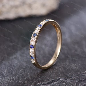 Blue Sapphire Wedding Band,Vintage Moissanite Ring,September Birthstone Stack Ring,Alternative Stacking Ring,Women Sterling Silver Ring Gift