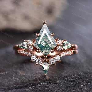 Vintage Kite Shape Moss Agate Ring Set Moss Agate Engagement Ring Moissanite Cluster Ring Celtic Knot Ring Norse Viking Anniversary Ring Set