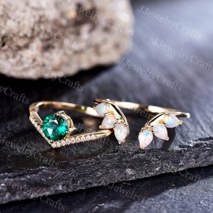 Vintage Emerald Engagement Ring Set,Pear Opal Chevron Ring,October Birthstone Ring,Half Eternity Diamond Band,Women Anniversary Bridal Ring