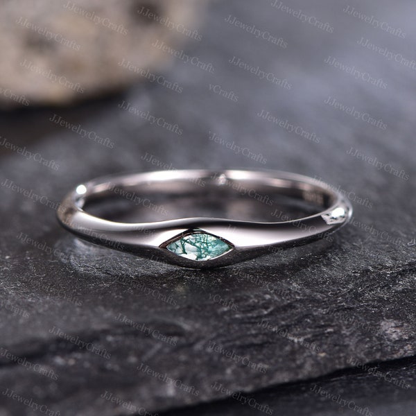 Minimalist Moss Agate Wedding Band Solitaire Stack Ring Marquise Moss Agate Ring Natural Inspired Leaf Stacking Ring Bridal Wedding Ring