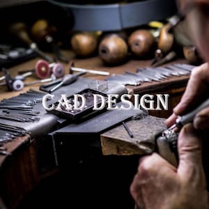 May include: A close-up of a jeweler's workbench with tools and a small metal box. The text "CAD DESIGN" is visible in the center of the image.