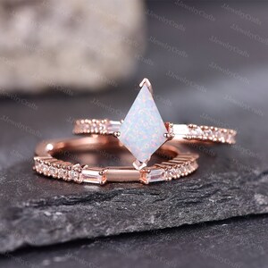 Kite Shaped Opal Engagement Ring Set,Silver Rose Gold Ring For Women,Vintage Half Eternity Diamond Band,Art Deco October Birthstone Ring