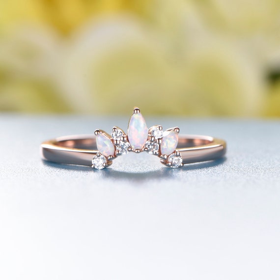 Curved Opal Diamond Rose Gold Ring Opal Wedding Band Chevron Engagement Ring