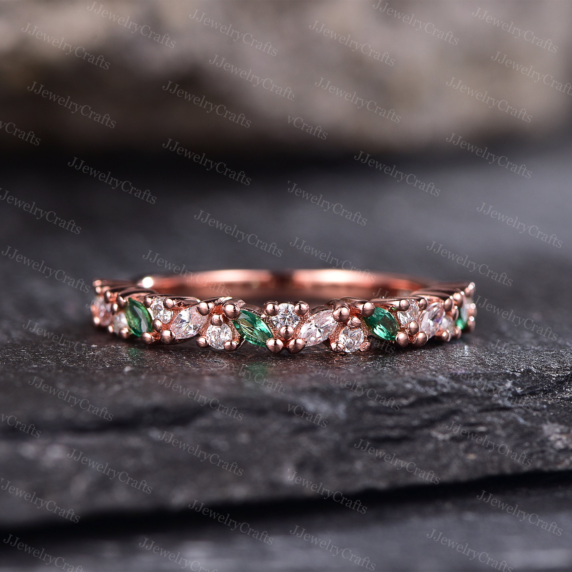 Marquise Emerald Wedding Ring Emerald Cluster Ring May Birthstone Stacking Wedding Band Silver Anniversary Band Minimalist Promise Gift Ring