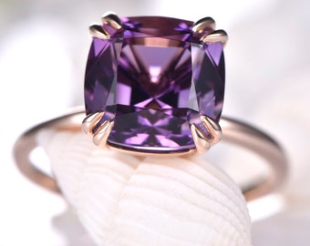 Amethyst Engagement Ring 14k Rose Gold Bridal Wedding Ring 9mm Cushion Cut Amethyst Ring Promise Ring Anniversary Ring Mothers' Day Gift