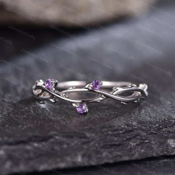 Dainty Amethyst Twig Wedding Ring Retro Twig Stack Matching Band Leaf Branch Band Leaf Branch Wedding Band Natural Inspired Twisted Band