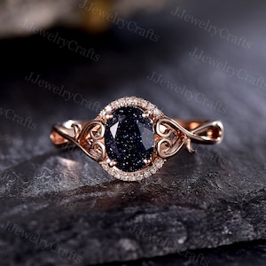 Galaxy Oval Blue Sandstone Ring Silver Rose Gold Blue Goldstone Engagement Ring Vintage Filigree Nebula Anniversary Proposal Stack Ring