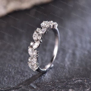 Marquise Moissanite Wedding Band,Art Deco Diamond Stack Wedding Band,Moissanite Cluster Wedding Ring,Silver White Gold Micro Pave Ring Gift