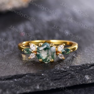 Vintage Hexagon Moss Agate Ring,Silver Yellow Gold,Marquise Moss Agate Engagement Ring,Marquise Moissanite Cluster Ring,Anniversary Ring