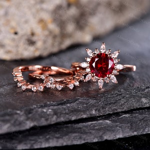 Retro Ruby Engagement Ring Set July Birthstone Ring Chevron Stack Ring Moissanite Cluster Bridal Ring Anniversary Ring Silver Ring For Women