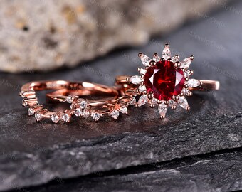 Retro Ruby Engagement Ring Set July Birthstone Ring Chevron Stack Ring Moissanite Cluster Bridal Ring Anniversary Ring Silver Ring For Women