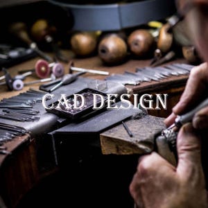 May include: A close-up of a jeweler's workbench with tools and a small metal box. The text "CAD DESIGN" is visible in the center of the image.