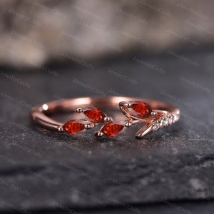 Red Garnet Wedding Band Marquise Garnet Moissanite Ring January Birthstone Ring Natural Inspired Leaf Stacking Ring Silver Garnet Ring Gift