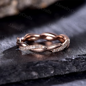 Eternity Moissanite Wedding Band,Art Deco Infinity Diamond Stack Band,Twist Moissanite Wedding Ring,Silver Rose Gold,Stack Micro Pave Ring