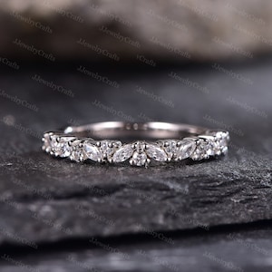 Moissanite Wedding Band Half Eternity Antique Retro Bridal Stacking Ring Micro Pave Moissanite Ring Silver White Gold Women Anniversary Ring