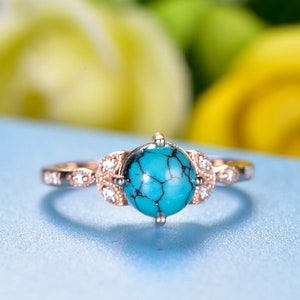 Anillo de compromiso turquesa 14k rosa oro anillo nupcial art deco alianza banda de boda 7mm anillo turquesa hojas banda de diamantes mujeres anillo de aniversario