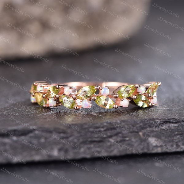 Peridot Wedding Band,Art Deco Opal Stack Band,August Birthstone Wedding Ring,Silver Rose Gold Micro Pave Ring.Octorber Birthstone Ring Gift