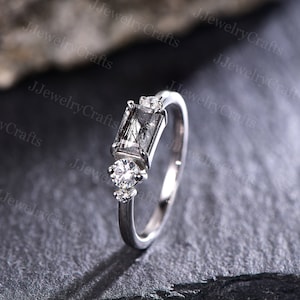 Black Rutilated Quartz Bridal Ring Art Deco Ring Silver Moissanite Ring Baguette Black Rutilated Ring Art Deco Anniversary Ring For Women