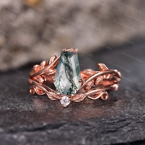 Coffin Cut Natural Green Moss Agate Ring Set Vintage Cluster Twig Ring Nature Inspired Branch Moss Agate Leaf Wedding Bridal Women Ring Set