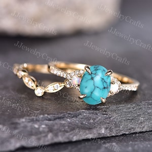 Turquoise Engagement Ring Set Rose Gold Diamond Chevron Bridal Ring Turquoise Bridal Wedding Set Retro Stack Ring For Women Anniversary Ring