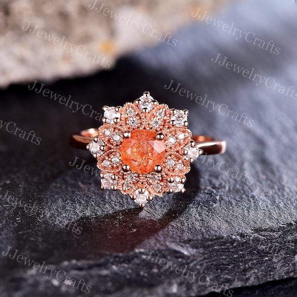 Vintage Natural Sunstone Petal Ring Orange Sunstone Engagement Ring Leaves Moissanite Ring Retro Cluster Anniversary Stack Women Ring Gift