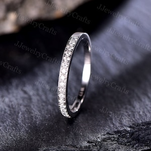 Half Eternity Moissanite Wedding Band,Art Deco Micro Pave Diamond Stack Band,Dainty Moissanite Wedding Ring,Silver White Gold,Stack Ring