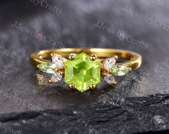 Hexagon Peridot Ring Yellow Gold Vintage Peridot Engagement Hexagon Peridot Ring Yellow Gold Vintage Peridot Engagement