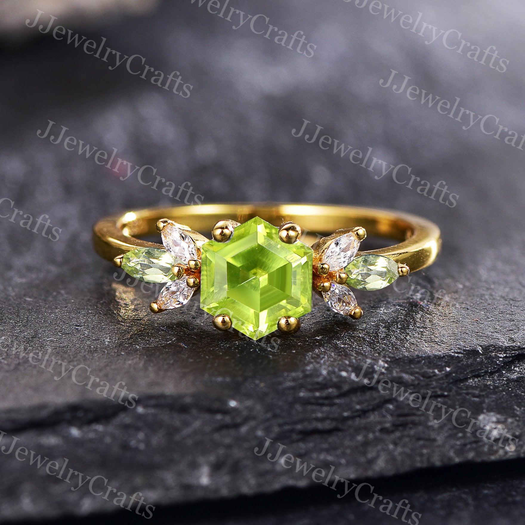 Elegant Hexagon Cut Peridot Ring Solid White Gold Vintage Unique Peridot  Engagement Ring Cluster Emerald Wedding Ring Women Anniversary Gift