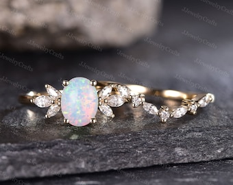 Oval Opal Engagement Ring Set October Birthstone Ring Set Silver Rose Gold Opal Ring For Women Chevron Diamond Band Art Deco Cluster Ring