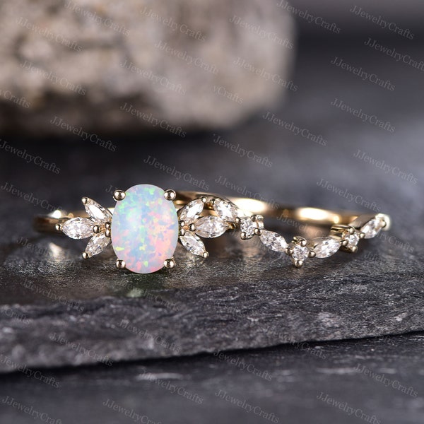 Oval Opal Engagement Ring Set October Birthstone Ring Set Silver Rose Gold Opal Ring For Women Chevron Diamond Band Art Deco Cluster Ring