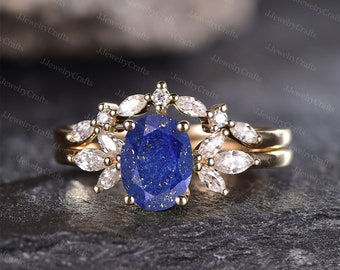 Vintage Oval Lapis Lazuli Ring For Women Art Deco Branch Leaf Wedding Band Marquise Moissanite Cluster Anniversary Ring Stack Women Ring Set