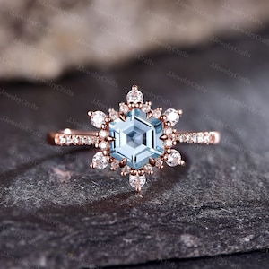 1ct Hexagon Cut Aquamarine Ring For Women Snowflake Halo Moissanite Wedding Ring Aquamarine Engagement Ring March Birthstone Promise Gift