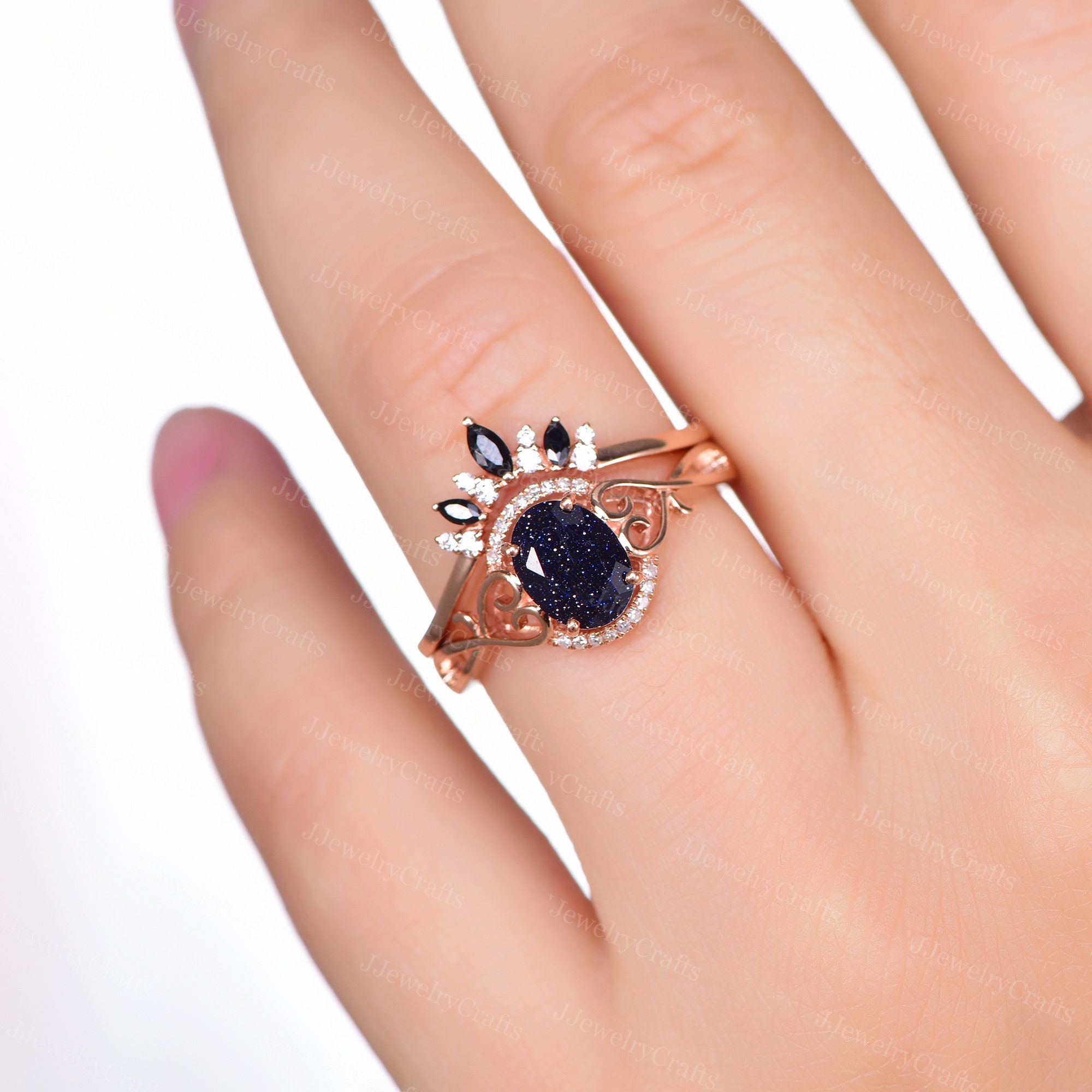 Galaxy Oval Blue Sandstone Ring Set Oval Blue Goldstone