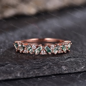 Baguette Moss Agate Wedding Band,Moissanite Cluster Stack Band,Art Deco Diamond Stack Band, Anniversary Wedding Ring,Rose Gold Silver Ring