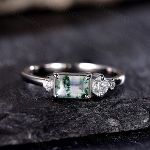 Antique Emerald Moss Agate Ring,Silver Rose Gold,Moss Agate Engagement Ring,Round Moissanite Cluster Ring,Diamond Anniversary Stack Ring
