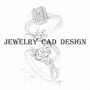 May include: A line drawing of three engagement rings with different styles of diamonds. The rings are drawn on a grid with measurements. The text "JEWELRY CAD DESIGN" is written at the top of the image.