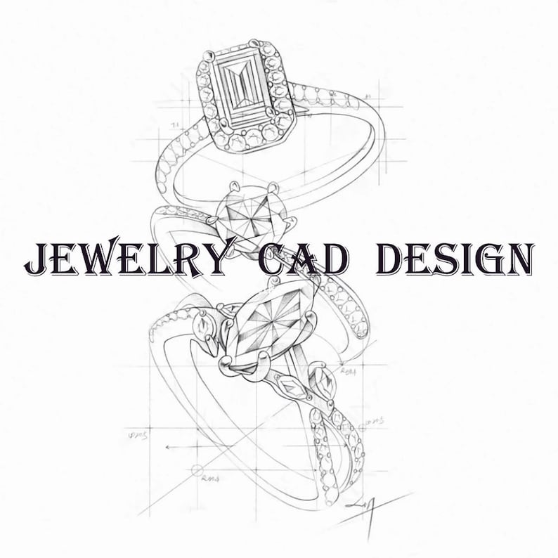 May include: A line drawing of three engagement rings with different styles of diamonds. The rings are drawn on a grid with measurements. The text "JEWELRY CAD DESIGN" is written at the top of the image.