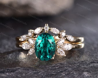 Emerald Engagement Ring Set Oval May Birthstone Ring Set Rose Gold Women Emerald Moisanite Cluster Wedding Ring Set Art Deco Curved Ring