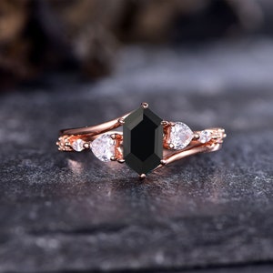 Long Hexagon Black Onyx Ring Onyx Ring For Women Black Onyx Engagement Ring Art Deco Heart Moissanite Bridal Stack Anniversary Ring Gift