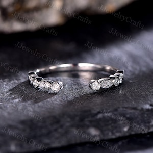 Marquise Moissanite Wedding Band,Art Deco Milgrain Diamond Band,Open Gap Moissanite Wedding Ring,Silver Rose Gold,Stack Micro Pave Ring