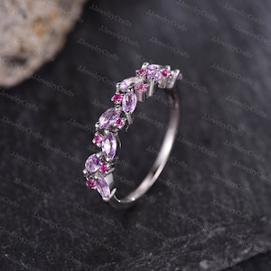 Marqusie Amethyst Cluster Ring Retro February Birthstone Stack Matching Band Leaf Branch Band Natural Inspired Twisted Band Women Ring Gift