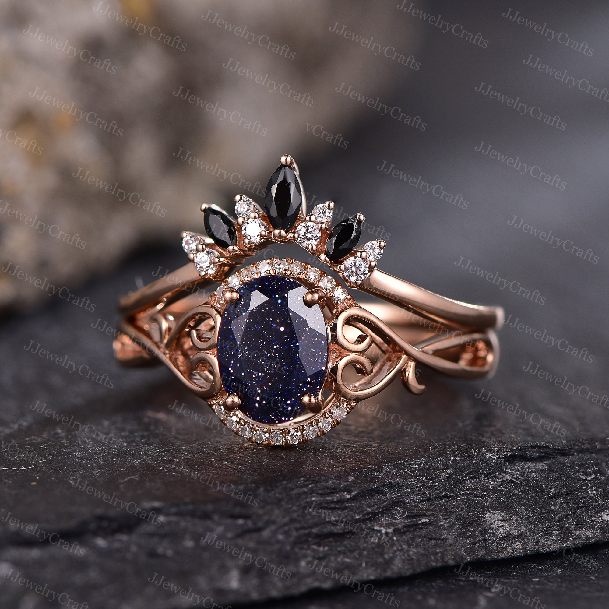 金色オーバル型リング 青色ストーン Galaxy Oval Blue Sandstone Ring Set Oval Blue Goldstone