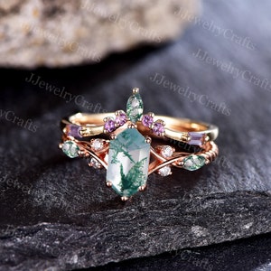 Hexagon Cut Natural Moss Agate Engagement Ring,Rose Gold Marquise Moss Agate Wedding Ring,Baguette Amethyst Stone,Nature Inspired Stack Ring