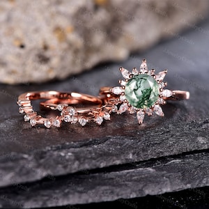 Vintage Round Shaped Moss Agate Ring Set Snowflake Ring Antique Halo Moss Agate Engagement Ring Diamond Wedding Band Anniversary Bridal Ring